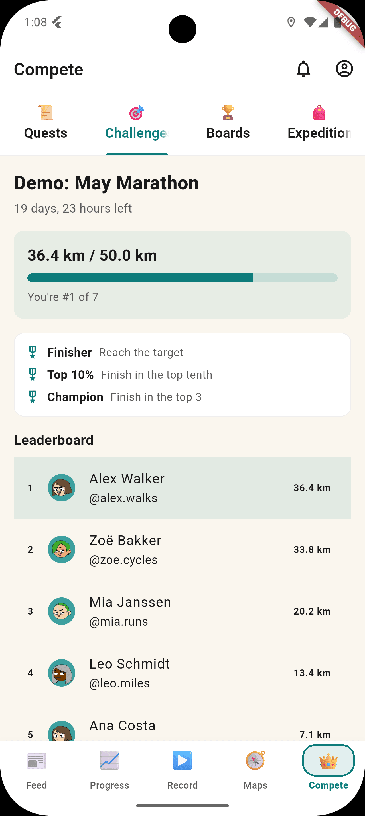 StreetVenture Challenges tab showing the 'Demo: May Marathon' challenge — 36.4 km of 50 km, time remaining, leaderboard of participating users, and the Finisher / Top 10% / Champion tier badges available.
