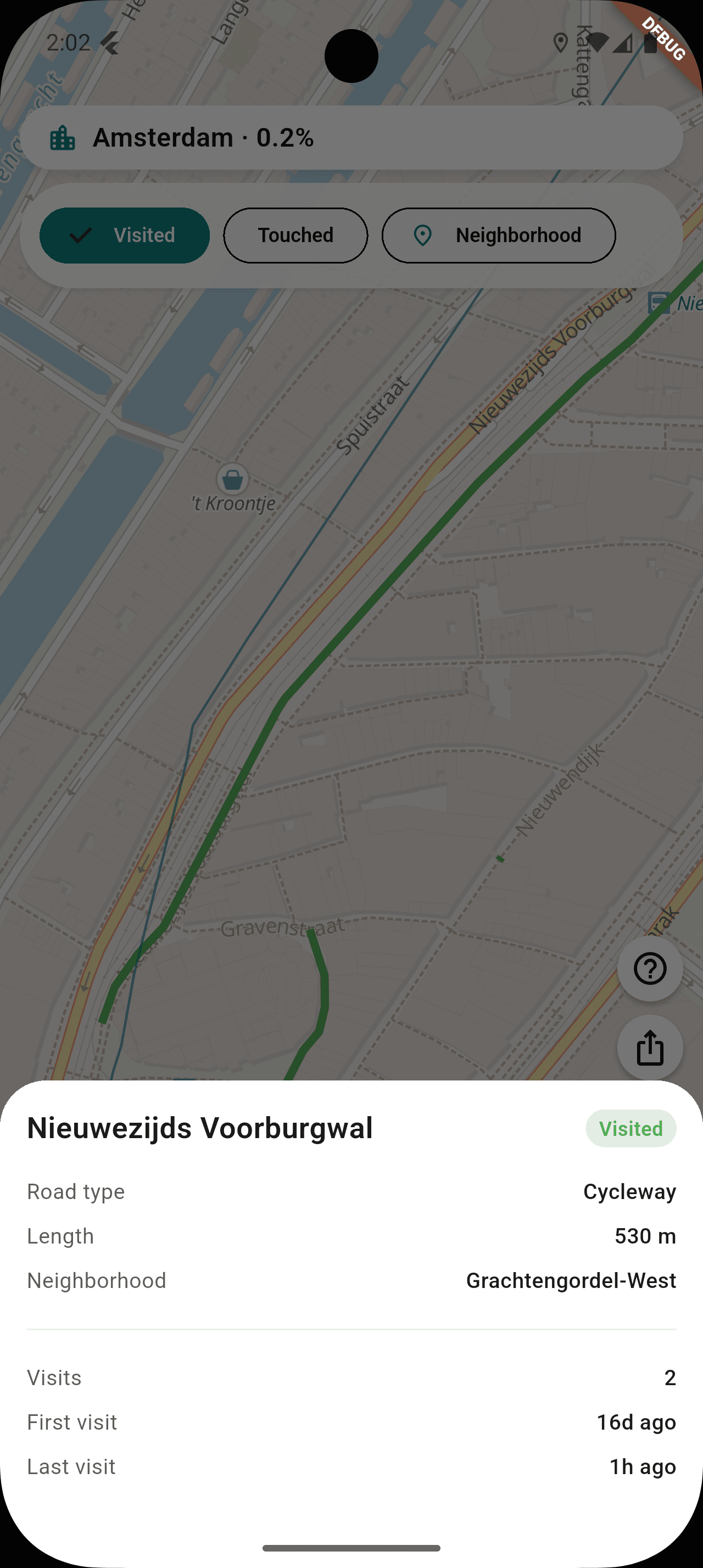 StreetVenture neighborhood map showing one Amsterdam neighborhood with most streets covered in teal and a few unvisited streets in gray, plus a completion percentage.