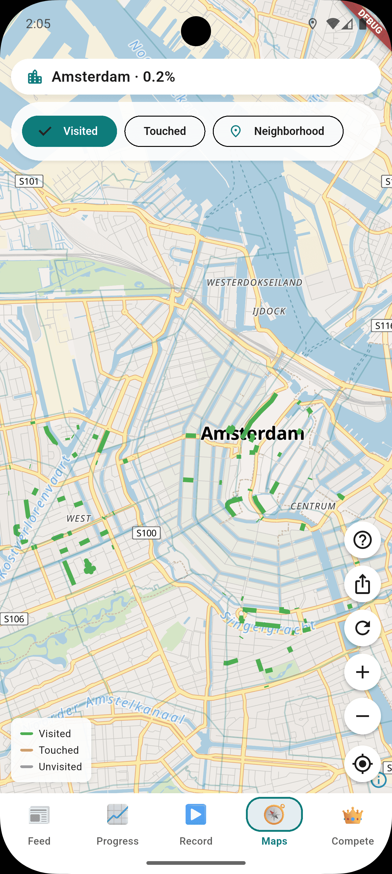 StreetVenture Maps tab showing the full city of Amsterdam with covered streets in teal forming a visible pattern across multiple neighborhoods.