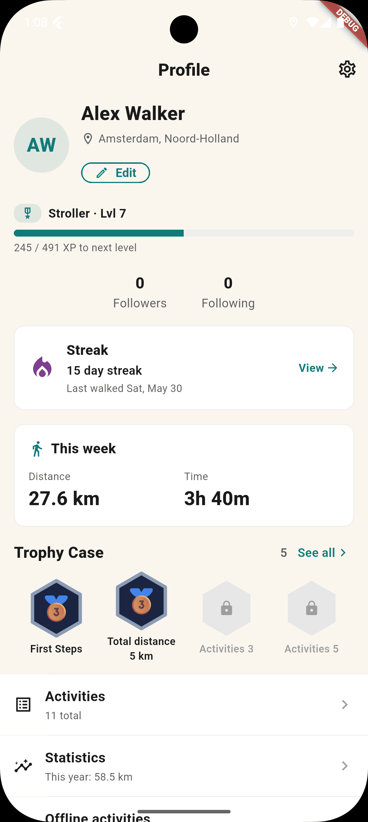 StreetVenture profile screen of a user showing their level, total distance, current streak, and a grid of their unlocked badges.
