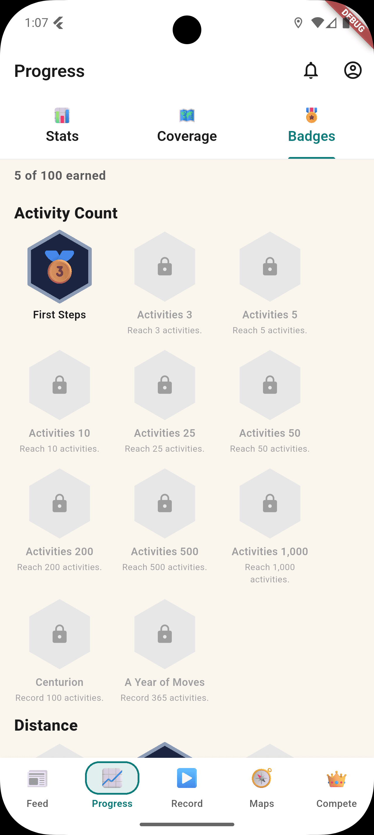 StreetVenture Progress Badges sub-tab showing a grid of unlocked and locked badges grouped by tier — bronze, silver, gold, platinum.