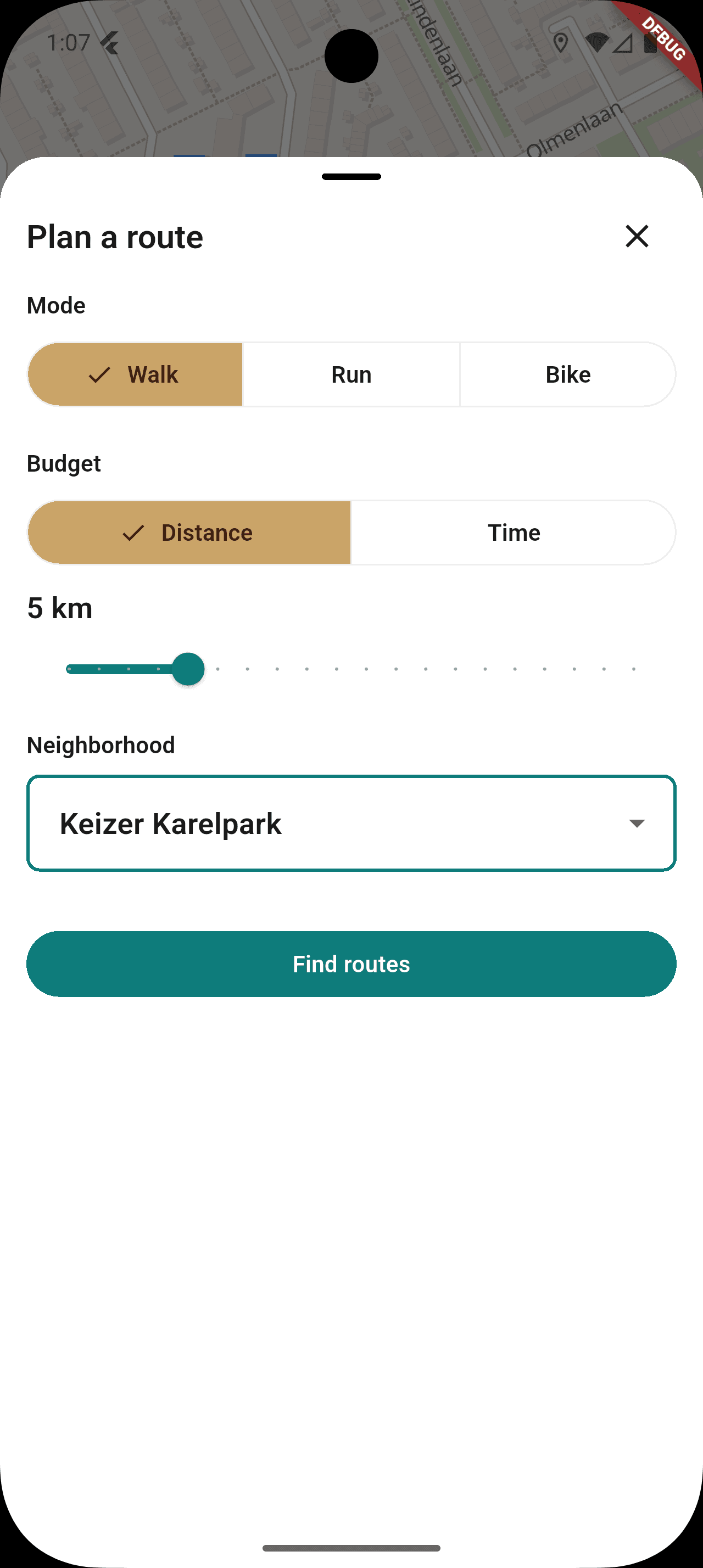 StreetVenture Route Plan screen showing a planned walking route drawn over an Amsterdam neighborhood, with distance and estimated time.